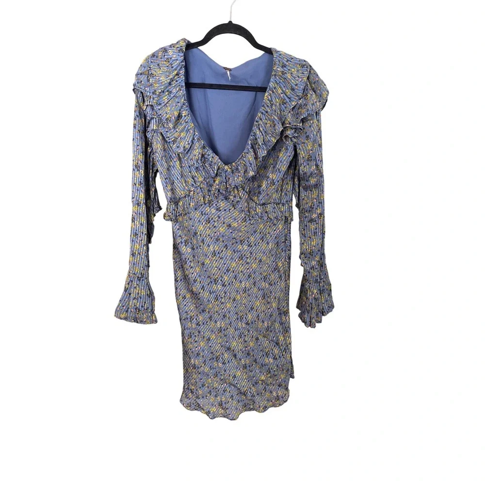 Free People Sweetest Thing Mini Dress Midnight Cowboy Blue Floral Ruffle Size 12